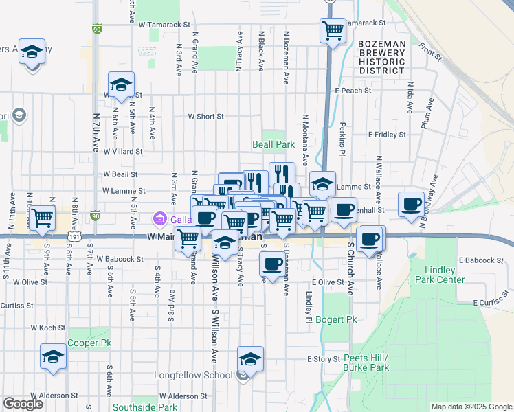 map of restaurants, bars, coffee shops, grocery stores, and more near 25 East Mendenhall Street in Bozeman