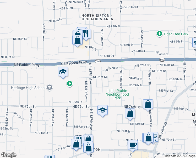 map of restaurants, bars, coffee shops, grocery stores, and more near 13804 Northeast 81st Street in Vancouver