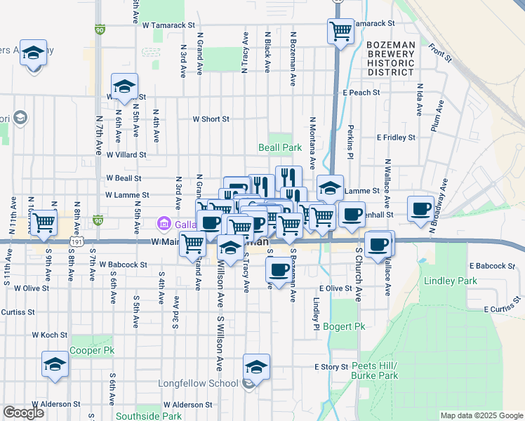 map of restaurants, bars, coffee shops, grocery stores, and more near 25 East Mendenhall Street in Bozeman