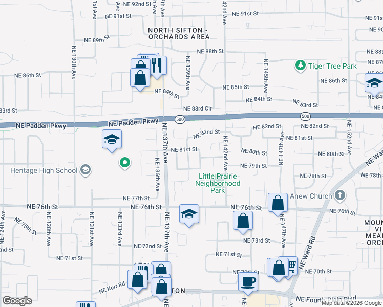 map of restaurants, bars, coffee shops, grocery stores, and more near 8009 Northeast 139th Avenue in Vancouver