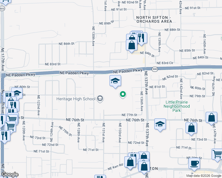 map of restaurants, bars, coffee shops, grocery stores, and more near 7825 Northeast 130th Avenue in Vancouver