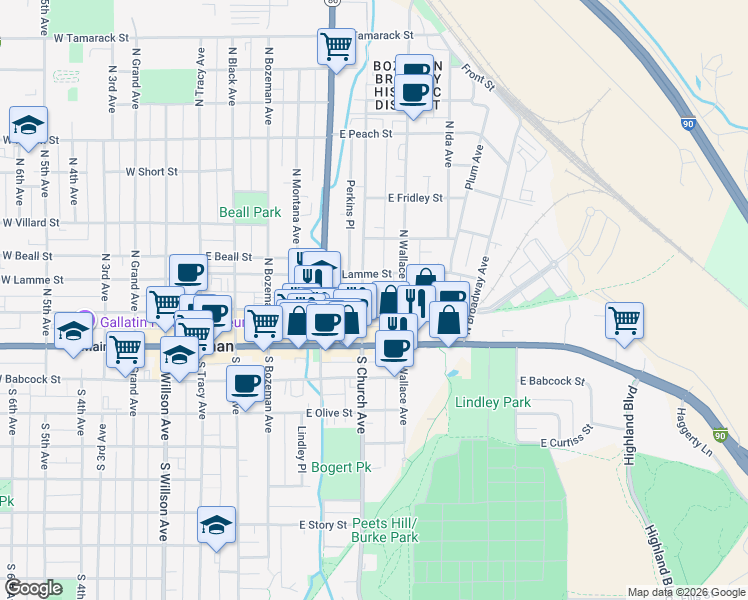 map of restaurants, bars, coffee shops, grocery stores, and more near 104 North Church Avenue in Bozeman