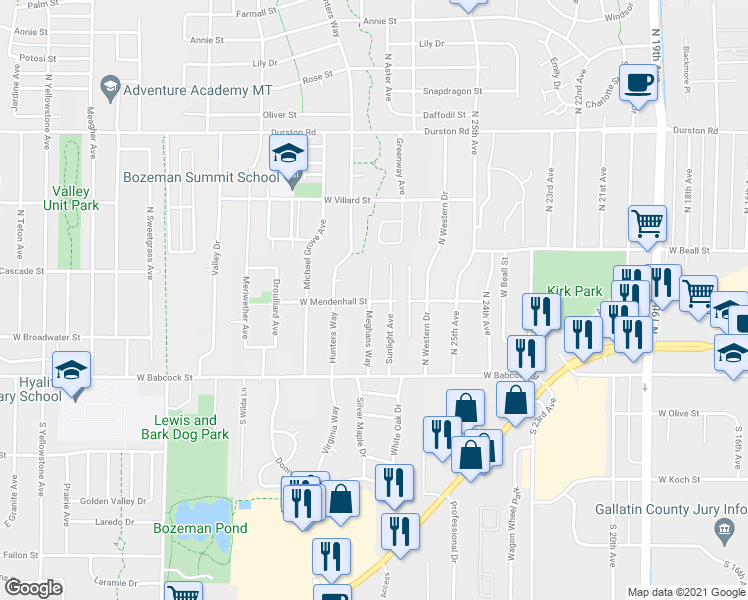 map of restaurants, bars, coffee shops, grocery stores, and more near 105 Meghans Way in Bozeman