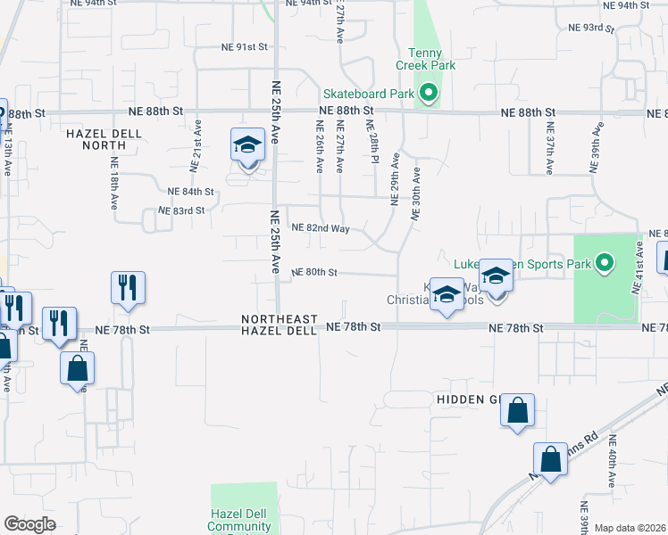 map of restaurants, bars, coffee shops, grocery stores, and more near 2709 Northeast 82nd Circle in Vancouver