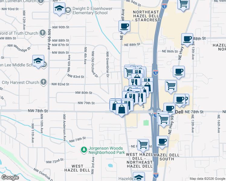 map of restaurants, bars, coffee shops, grocery stores, and more near 8105 Northwest 1st Avenue in Vancouver