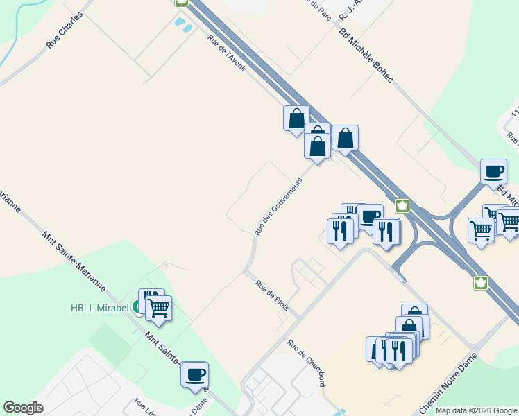 map of restaurants, bars, coffee shops, grocery stores, and more near 17775 Rue des Gouverneurs in Mirabel