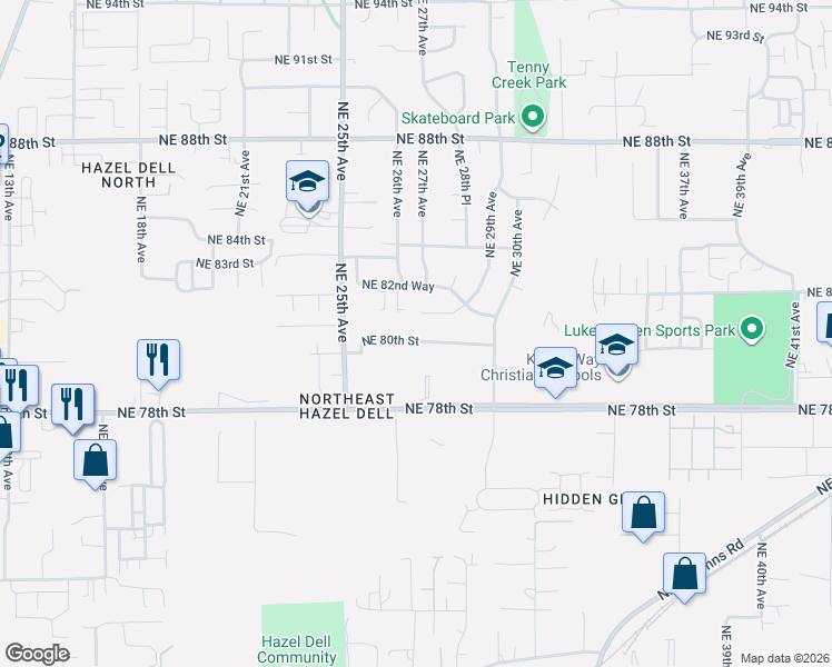 map of restaurants, bars, coffee shops, grocery stores, and more near 2709 Northeast 82nd Circle in Vancouver