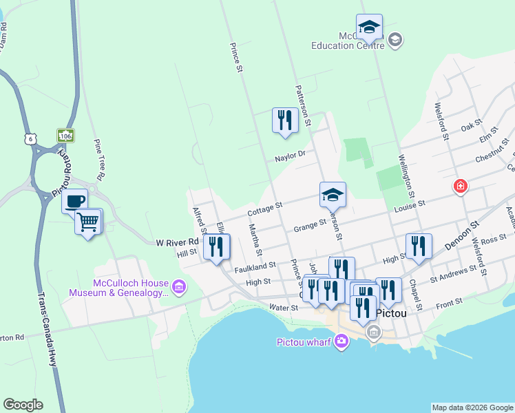 map of restaurants, bars, coffee shops, grocery stores, and more near 102 Cottage Street in Pictou