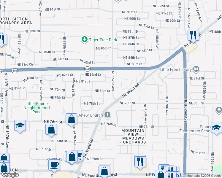 map of restaurants, bars, coffee shops, grocery stores, and more near 15116 Northeast 80th Street in Vancouver