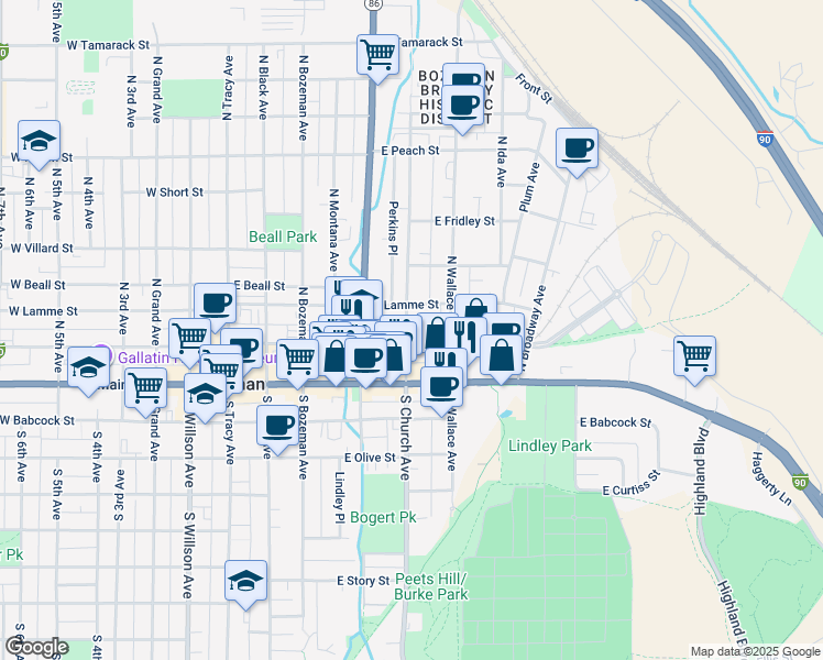 map of restaurants, bars, coffee shops, grocery stores, and more near 104 North Church Avenue in Bozeman