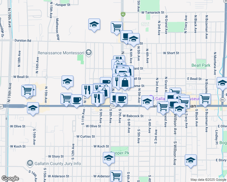 map of restaurants, bars, coffee shops, grocery stores, and more near 810 West Lamme Street in Bozeman