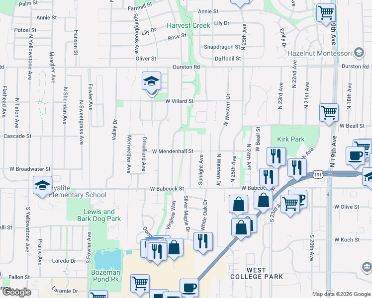 map of restaurants, bars, coffee shops, grocery stores, and more near 105 Meghans Way in Bozeman