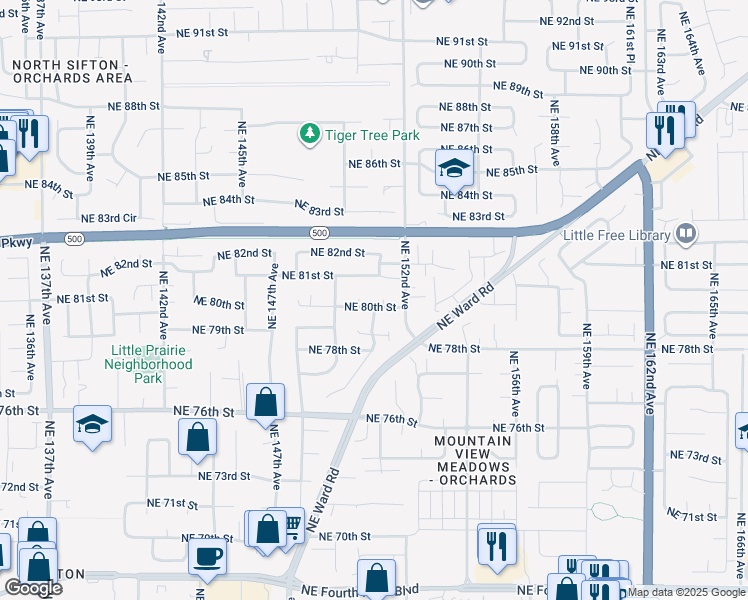 map of restaurants, bars, coffee shops, grocery stores, and more near 8002 Northeast 151st Court in Vancouver
