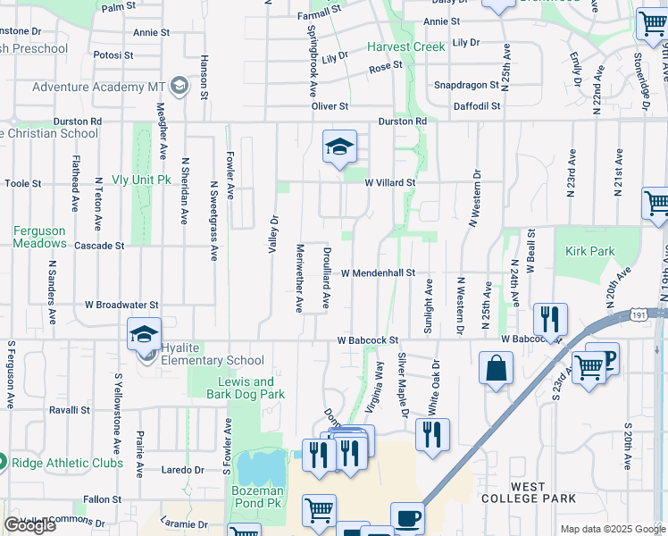 map of restaurants, bars, coffee shops, grocery stores, and more near 112 Droulliard Avenue in Bozeman