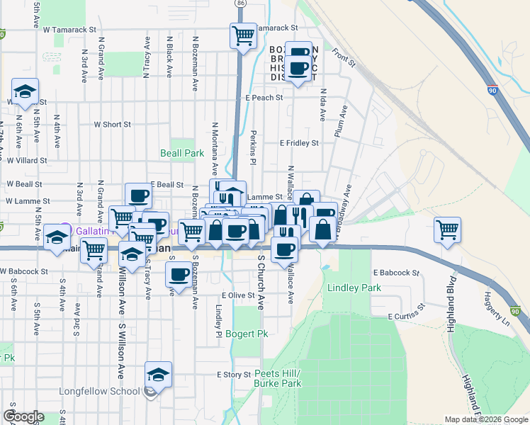 map of restaurants, bars, coffee shops, grocery stores, and more near 104 North Church Avenue in Bozeman