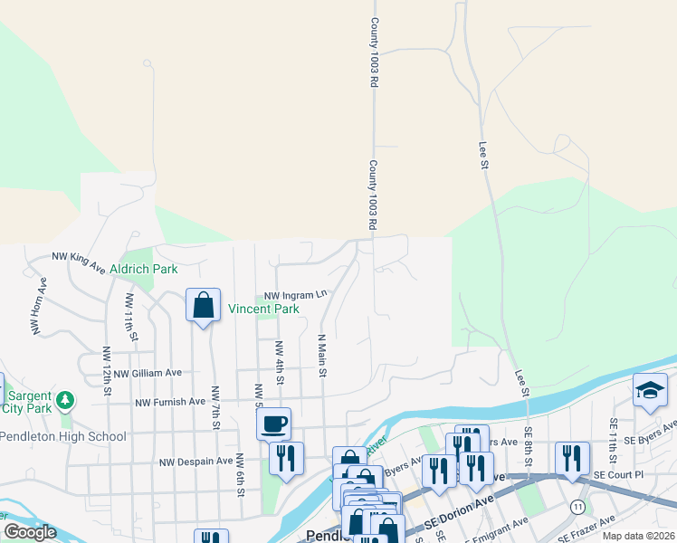 map of restaurants, bars, coffee shops, grocery stores, and more near 822 North Main Street in Pendleton