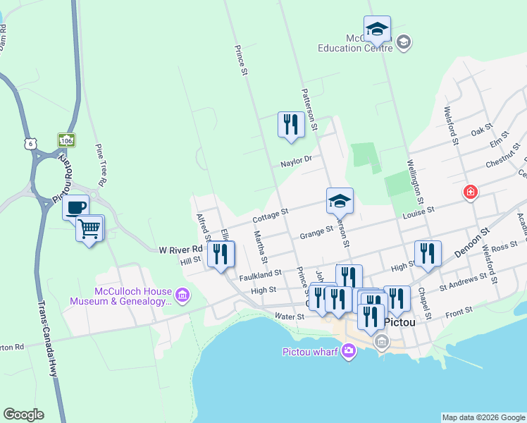 map of restaurants, bars, coffee shops, grocery stores, and more near 102 Cottage Street in Pictou
