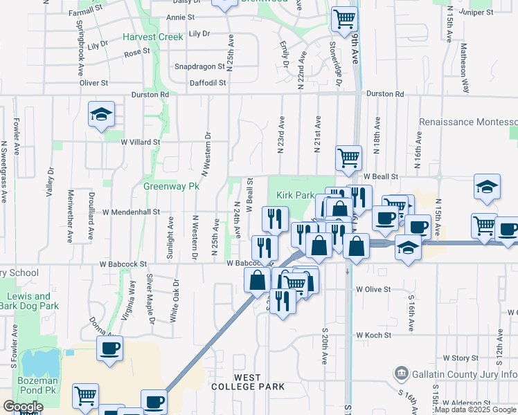 map of restaurants, bars, coffee shops, grocery stores, and more near 2322 West Beall Street in Bozeman