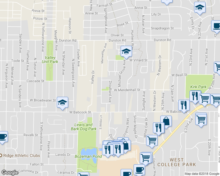 map of restaurants, bars, coffee shops, grocery stores, and more near 128 Droulliard Avenue in Bozeman