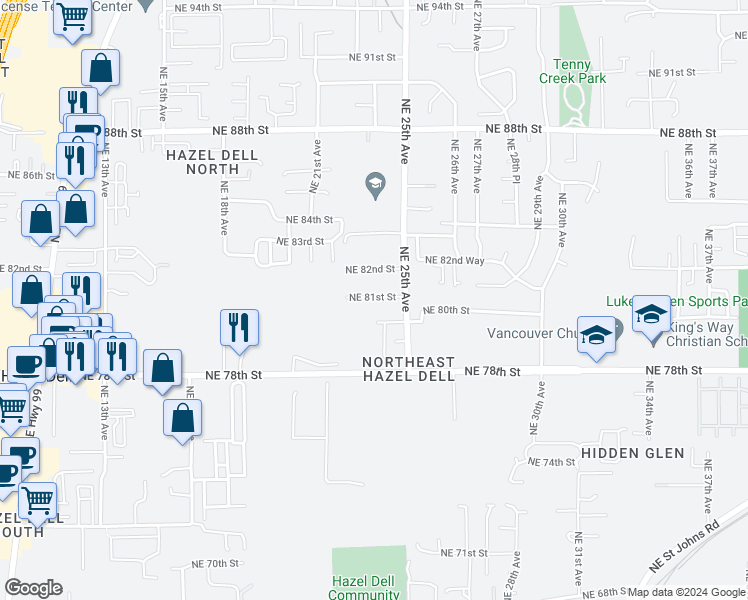 map of restaurants, bars, coffee shops, grocery stores, and more near 8100 Northeast 25th Avenue in Vancouver