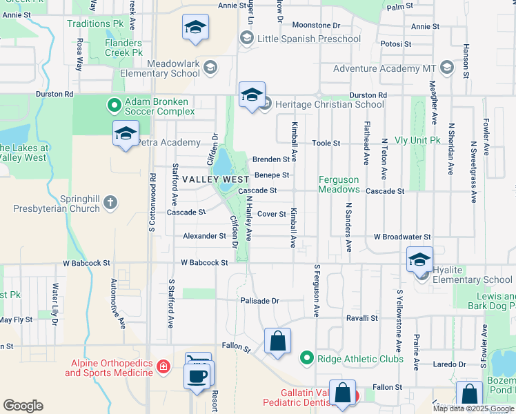 map of restaurants, bars, coffee shops, grocery stores, and more near 202 North Hanley Avenue in Bozeman
