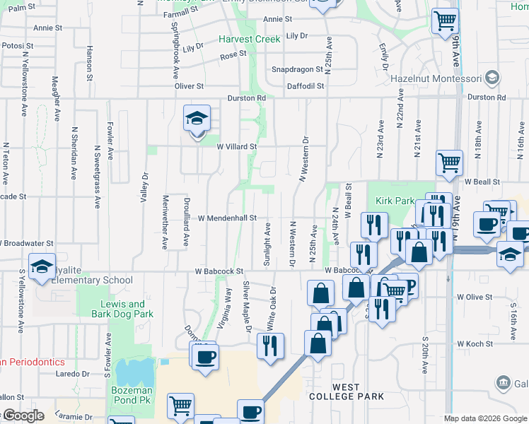 map of restaurants, bars, coffee shops, grocery stores, and more near 106 Sunlight Avenue in Bozeman