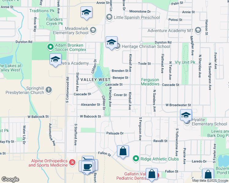 map of restaurants, bars, coffee shops, grocery stores, and more near 202 North Hanley Avenue in Bozeman