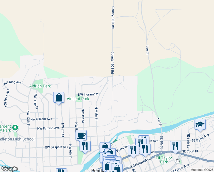 map of restaurants, bars, coffee shops, grocery stores, and more near 822 North Main Street in Pendleton