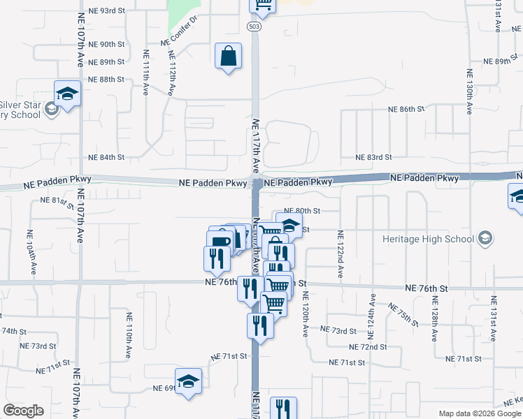 map of restaurants, bars, coffee shops, grocery stores, and more near 11800 Northeast 80th Street in Vancouver