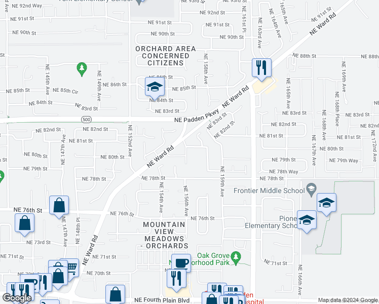 map of restaurants, bars, coffee shops, grocery stores, and more near 7905 Northeast 156th Place in Vancouver