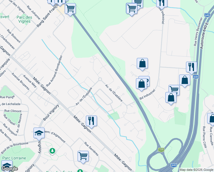 map of restaurants, bars, coffee shops, grocery stores, and more near Avenue de l'Érablière in Bois-des-Filion