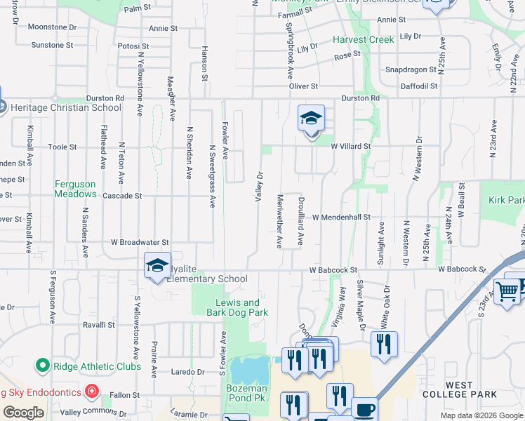 map of restaurants, bars, coffee shops, grocery stores, and more near 110 Valley Drive in Bozeman