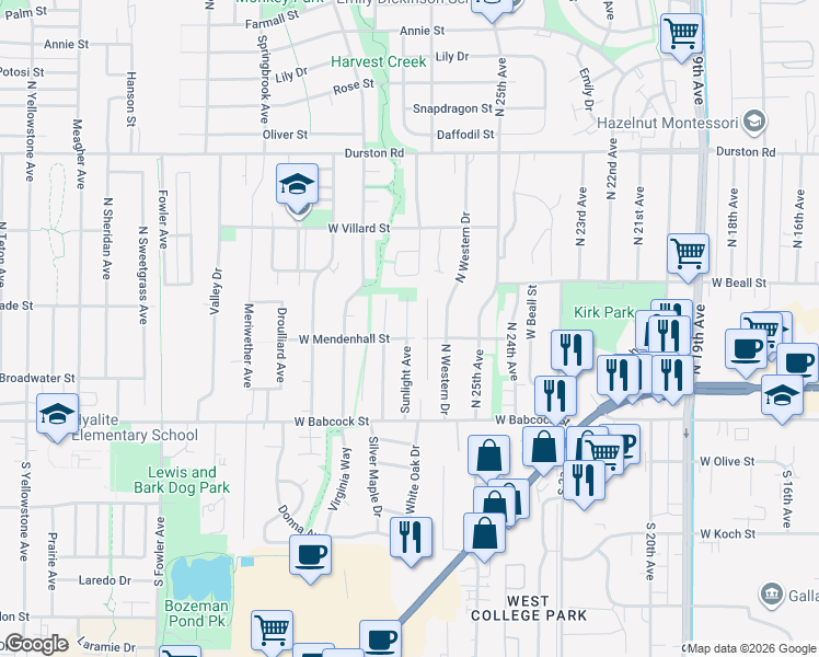 map of restaurants, bars, coffee shops, grocery stores, and more near 106 Sunlight Avenue in Bozeman