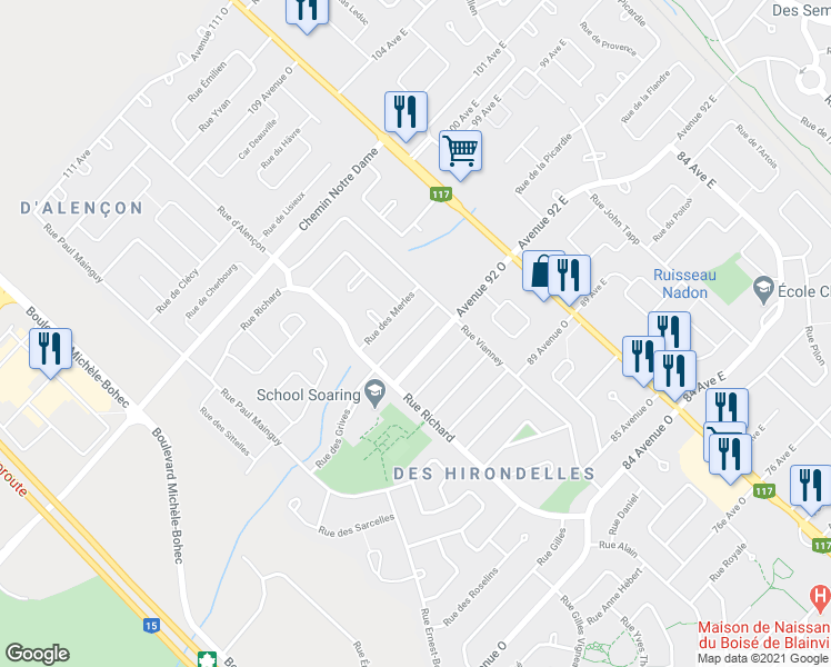 map of restaurants, bars, coffee shops, grocery stores, and more near 32 Rue des Grives in Blainville