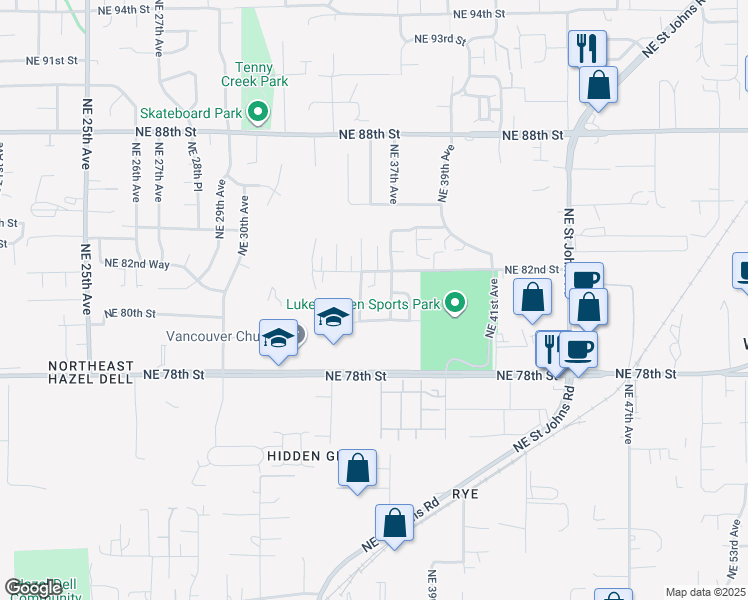 map of restaurants, bars, coffee shops, grocery stores, and more near 3604 Northeast 81st Circle in Vancouver