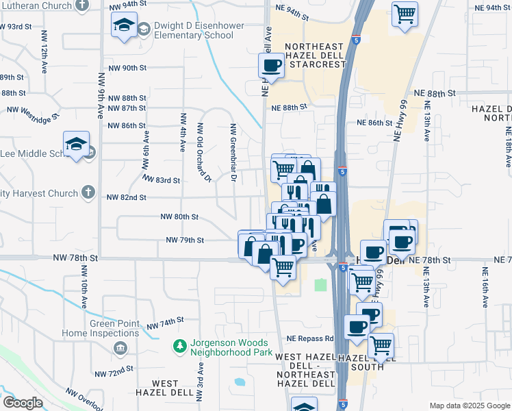 map of restaurants, bars, coffee shops, grocery stores, and more near 8105 Northwest 1st Avenue in Vancouver