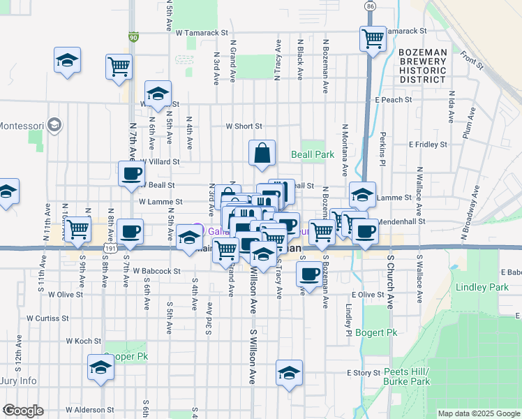 map of restaurants, bars, coffee shops, grocery stores, and more near 22 West Lamme Street in Bozeman