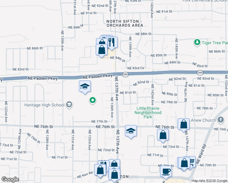 map of restaurants, bars, coffee shops, grocery stores, and more near 8101 Northeast 136th Avenue in Vancouver