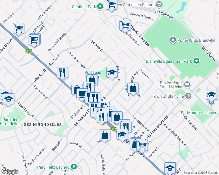 map of restaurants, bars, coffee shops, grocery stores, and more near 1132 Rue John Tapp in Blainville