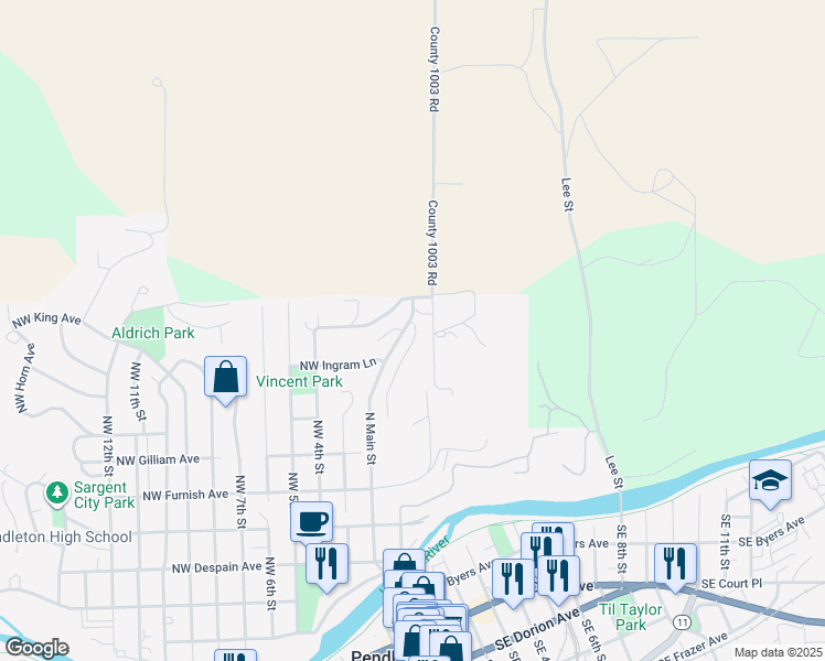 map of restaurants, bars, coffee shops, grocery stores, and more near 822 North Main Street in Pendleton