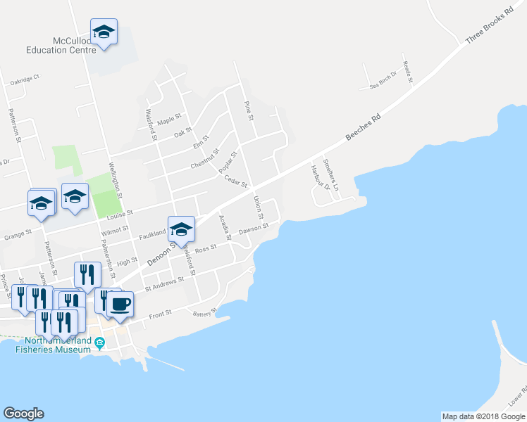 map of restaurants, bars, coffee shops, grocery stores, and more near 20 Union Street in Pictou