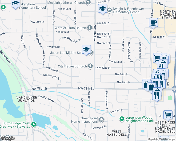 map of restaurants, bars, coffee shops, grocery stores, and more near 8100 Northwest 9th Avenue in Vancouver
