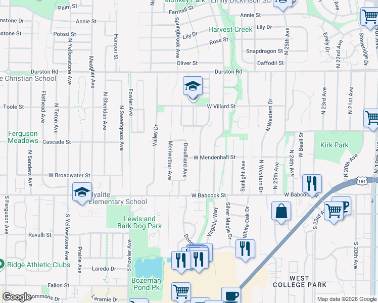 map of restaurants, bars, coffee shops, grocery stores, and more near 128 Droulliard Avenue in Bozeman