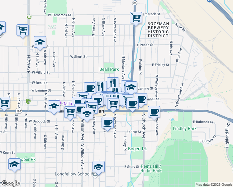 map of restaurants, bars, coffee shops, grocery stores, and more near 115 North Bozeman Avenue in Bozeman