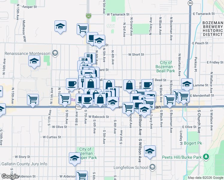 map of restaurants, bars, coffee shops, grocery stores, and more near 422 West Lamme Street in Bozeman