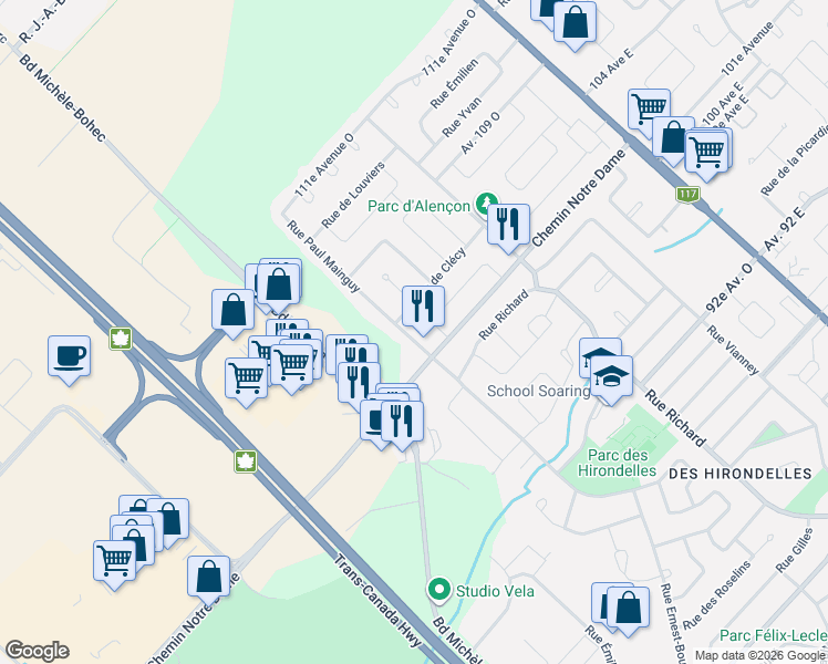 map of restaurants, bars, coffee shops, grocery stores, and more near 141 Rue Paul Mainguy in Blainville