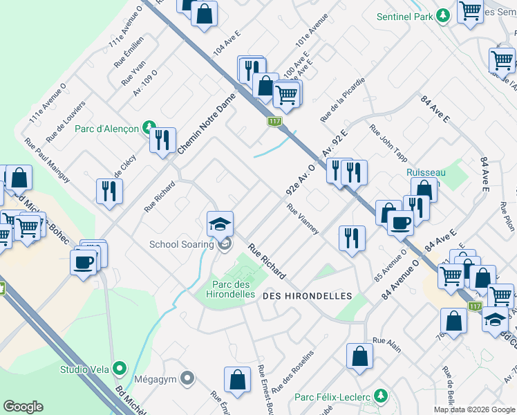 map of restaurants, bars, coffee shops, grocery stores, and more near 32 Rue des Grives in Blainville