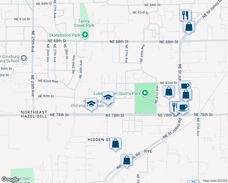 map of restaurants, bars, coffee shops, grocery stores, and more near 3407 Northeast 82nd Street in Vancouver