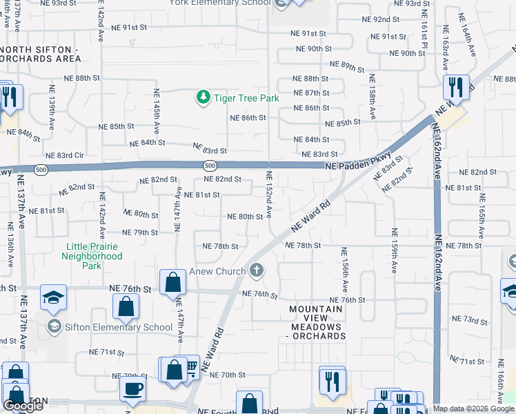 map of restaurants, bars, coffee shops, grocery stores, and more near 8009 Northeast 151st Court in Vancouver