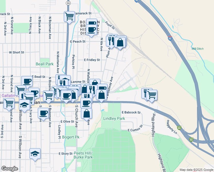 map of restaurants, bars, coffee shops, grocery stores, and more near 111 North Broadway Avenue in Bozeman